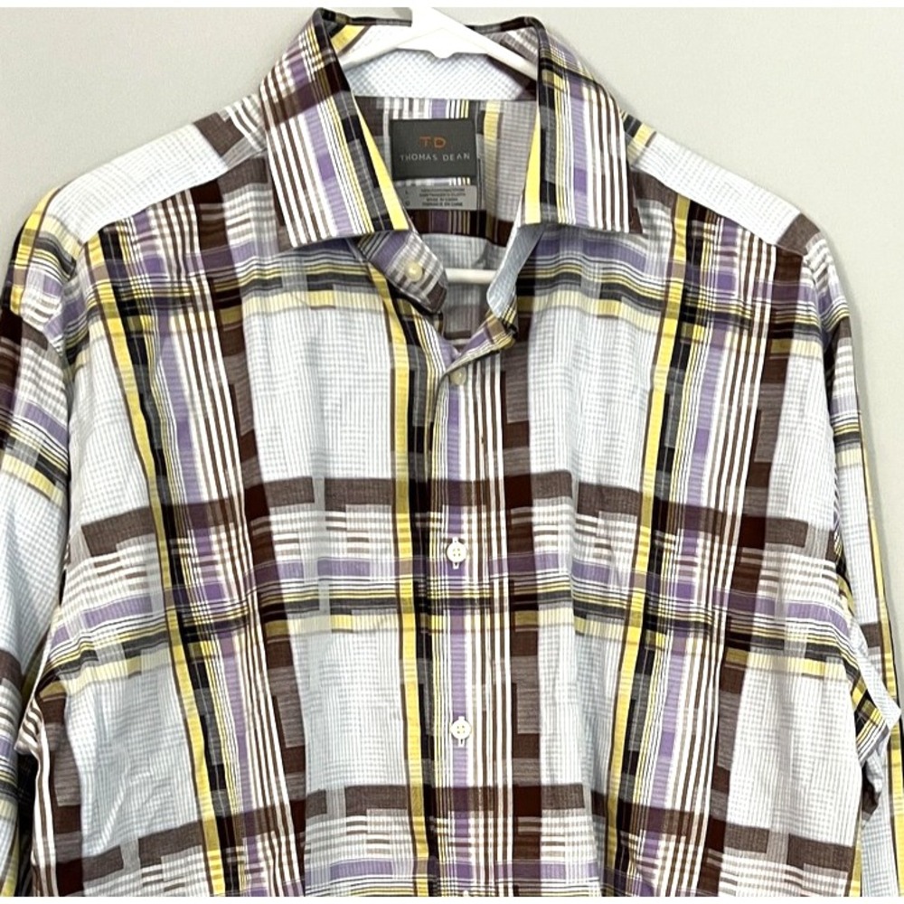 Thomas Dean Shirt‎ Mens L Plaid Button Dn Long Sleeve Yellow Purple TD Logo